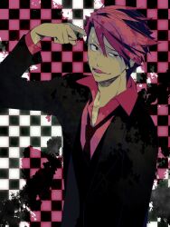  1boy black_battler checkered_background commentary_request dark_persona jacket looking_at_viewer male_focus necktie open_mouth red_hair reichi solo troll_face umineko_no_naku_koro_ni upper_body ushiromiya_battler 