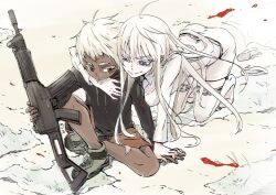  1boy blood blue_eyes commentary_request dark-skinned_male dark_skin female gun hug hug_from_behind johnathan_mar jormungand_(manga) kneehighs koko_hekmatyar long_hair long_sleeves mejiro06 pale_skin red_eyes rifle socks weapon white_hair 