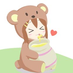  &gt;_&lt; animal_costume bad_id bad_pixiv_id bear_costume brown_hair chrisebi closed_eyes female heart hirasawa_yui honey honeypot k-on! licking simple_background solo tongue tongue_out white_background 