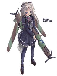  aircraft airplane animal_ears anteater_ears anteater_tail blue_eyes blush brown_hair character_name cross do_335_(personification) dress drill_hair female gothic_lolita gun hair_ribbon iron_cross lolita_fashion long_hair mecha_musume military original personification propeller ribbon simple_background skirt smile solo soukaa_(golden_sash) tail thighhighs weapon white_background world_war_ii 