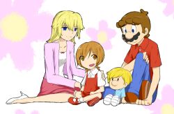  2boys 2girls alternate_costume artist_request blonde_hair brown_hair daughter facial_hair family famlily father father_and_son high_heels if_they_mated mario mario_(series) mother moustache multiple_boys multiple_girls pixiv_thumbnail princess_peach resized shoes siblings son super_mario_bros. 