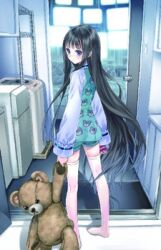  black_hair blue_eyes cover cover_page dr_pepper female kami-sama_no_memo-chou kishida_mel long_hair looking_back lowres official_art pajamas shionji_yuuko shorts solo stuffed_animal stuffed_toy teddy_bear thighhighs very_long_hair 