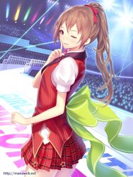  banned_artist bow brown_eyes brown_hair finger_to_mouth ilog mana_kakkowarai nakagawa_miru official_art one_eye_closed plaid plaid_skirt ponytail skirt solo stage star watermark web_address 