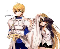  1boy adapted_costume armor arnoul arthur_pendragon_(fate) bad_id bad_pixiv_id blonde_hair clothes_lift excalibur_(fate/stay_night) fate/prototype fate/stay_night fate_(series) female female_pervert genderswap_(ftm) genderswap_(mtf) gilgamesh_(fate) gilgamesh_(immoral_biker_jacket)_(fate) green_eyes korean_text long_hair official_alternate_costume pervert photoshop_(medium) red_eyes rule_63 skirt skirt_lift sword weapon 