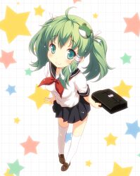  ahoge alternate_costume alternate_hairstyle bag briefcase commentary_request female frog_hair_ornament green_eyes green_hair hair_ornament kochiya_sanae loafers pleated_skirt school_bag school_briefcase school_uniform serafuku shoes skirt smile snake_hair_ornament solo star_(symbol) thighhighs touhou twintails white_thighhighs yamasan zettai_ryouiki 