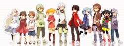  5boys 6+girls absurdres alternate_costume alternate_hairstyle amamiya_hibiya apron arm_up asahina_hiyori barefoot belt bike_shorts bike_shorts_under_skirt black_belt black_eyes black_footwear black_hair black_hoodie black_pants black_shirt black_shorts black_skirt black_socks blonde_hair blue_dress blue_hair blue_jacket blue_pants blue_shirt blue_shorts boots bow bow_hairband brown_eyes brown_hair brown_pants brown_shorts casual closed_eyes commentary_request creator_connection double-parted_bangs dress ene_(kagerou_project) enomoto_takane facial_mark facing_viewer frilled_apron frilled_skirt frills full_body gas_mask green_footwear green_hair green_hoodie grey_footwear grey_hair grey_hoodie grey_jacket hair_over_one_eye hairband hand_on_another&#039;s_cheek hand_on_another&#039;s_face hand_on_own_head headphone_actor_(vocaloid) high_collar high_tops highres hood hood_down hood_up hoodie jacket jinzou_enemy_(vocaloid) kagerou_days_(vocaloid) kagerou_project kano_shuuya kido_tsubomi kisaragi_attention_(vocaloid) kisaragi_momo kisaragi_shintarou kneehighs konoha_(kagerou_project) konoha_no_sekai_jijou_(vocaloid) kozakura_marry lineup long_bangs long_hair long_sleeves looking_at_viewer low_twintails mask mask_around_neck md5_mismatch meega mekakushi_code_(vocaloid) midair miniskirt multicolored_clothes multicolored_jacket multiple_boys multiple_girls neck_warmer one_eye_covered open_clothes open_jacket orange_hair pants pants_rolled_up pants_tucked_in partially_unzipped pinafore_dress pink_bow pink_dress pink_hairband pink_hoodie pleated_skirt pocket popped_collar print_hoodie red_eyes red_footwear red_jacket red_shirt reflective_floor sandals seto_kousuke shirt shirt_tucked_in shoelaces shoes short_hair short_sleeves shorts simple_background single_vertical_stripe skirt sleeveless sleeveless_dress sleeveless_hoodie sleeves_past_wrists smile sneakers socks souzou_forest_(vocaloid) standing striped t-shirt track_jacket twintails two-tone_footwear two-tone_jacket two_side_up wavy_hair white_apron white_background white_footwear white_hair white_jacket white_stripes yellow_jacket yellow_pants yellow_skirt 