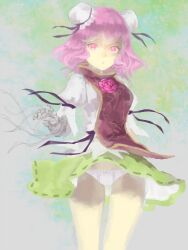  aerokinesis amerimeno bad_id bad_pixiv_id bandages clothes_lift double_bun female hair_bun highres ibaraki_kasen pale_color panties pink_eyes pink_hair short_hair skirt skirt_lift solo touhou underwear white_panties wind 