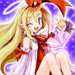  ;d bare_legs blonde_hair commentary_request detached_sleeves disgaea earrings female flonne flonne_(fallen_angel) halo jewelry leotard long_hair lowres nanashii_(soregasisan) oerba_yun_fang one_eye_closed open_mouth red_eyes red_leotard smile solo 