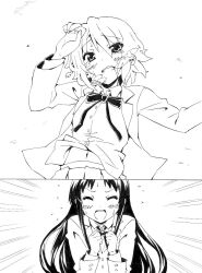  2girls akiyama_mio blush commentary_request greyscale hair_down hairband k-on! long_hair lying monochrome multiple_girls navel nome_(nnoommee) open_mouth sakuragaoka_high_school_uniform school_uniform shy simple_background tainaka_ritsu uniform unworn_hairband unworn_headwear 