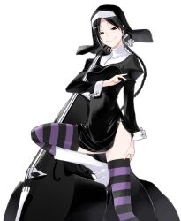  boots braid commentary_request cross dress female habit instrument knee_boots long_hair nun shinatsuhiko_yae side_slit single_braid solo striped_clothes striped_thighhighs thighhighs white_footwear yasuda_suzuhito yozakura_quartet 