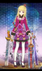  arched_crown belt blonde_hair brick_wall commentary_request crown fantasy female harlem_heart highres hourainingyou letterboxed long_hair mini_crown original pantyhose photoshop_(medium) planted planted_sword purple_eyes red_crown smile solo sword weapon white_pantyhose 