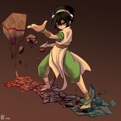  ankle_cuffs avatar:_the_last_airbender avatar_legends bad_id bad_pixiv_id barefoot black_hair chinese_clothes element_bending female grey_eyes hair_bun highres jewelry mugcan photoshop_(medium) rock short_hair single_hair_bun solo toph_bei_fong 