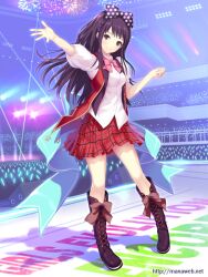  banned_artist black_hair boots bow braid brown_eyes fireworks hairbow ikura_shizuku ilog long_hair mana_kakkowarai official_art outstretched_arm plaid plaid_skirt polka_dot skirt smile solo stage star watermark web_address 