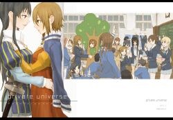  6+girls akiyama_mio black_eyes black_hair blush commentary_request cosplay cover extra hair_down hairband hime_cut hirasawa_yui holding hug juliet_capulet juliet_capulet_(cosplay) k-on! kotobuki_tsumugi long_hair manabe_nodoka multiple_girls oke_(okeya) romeo_and_juliet romeo_montague romeo_montague_(cosplay) sakuragaoka_high_school_uniform school_uniform short_hair sword tainaka_ritsu tree_costume uniform unworn_hairband unworn_headwear weapon yuri 