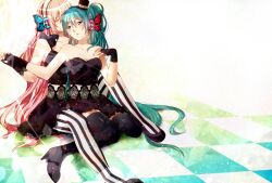  2girls aqua_eyes aqua_hair bad_id bad_pixiv_id bare_shoulders bshi_edayo checkered_floor closed_eyes fingerless_gloves gloves hat hatsune_miku headphones high_heels holding_hands long_hair magnet_(vocaloid) megurine_luka mini_hat mini_top_hat multiple_girls pantyhose pink_hair shoes sitting striped_clothes striped_pantyhose thighhighs top_hat vertical-striped_clothes vertical-striped_pantyhose very_long_hair vocaloid yuri 