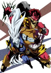  2boys afro akaooni belt blue_eyes book boots club_(weapon) colored_skin commentary_request fangs furry furry_male kanabou long_hair male_focus multiple_boys o5o3 oni pants photoshop_(medium) precure red_hair red_oni red_skin smile_precure spiked_club weapon werewolf white_hair wolf_boy wolfrun 