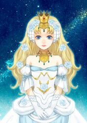  bad_id bad_pixiv_id bare_shoulders blonde_hair blue_eyes crown dress female flower gloves gown gruier_serenity kisaco_a lips long_hair milky_way miniskirt_pirates princess rose sky solo star_(sky) starry_sky white_dress white_gloves 