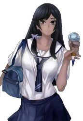  absurdres bag black_eyes black_hair braid butterfly_hair_ornament dark-skinned_female dark_skin dennis_cunningham female fingernails food hair_ornament highres ice_cream ice_cream_cone lequios lips long_hair maeshima_shigeki nail_polish photoshop_(medium) school_bag school_uniform side_braid simple_background smile solo white_background 