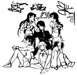  1boy 6+girls ahoge araragi_karen araragi_koyomi araragi_tsukihi bakemonogatari barefoot braid cabbie_hat camisole chibi chibi_inset crossed_arms crossed_legs eu03 flying glasses greyscale hachikuji_mayoi hanekawa_tsubasa harem hat kanbaru_suruga long_hair monochrome monogatari_(series) multiple_girls nekomonogatari nisemonogatari oshino_shinobu photoshop_(medium) sengoku_nadeko senjougahara_hitagi short_hair sitting straight throne unfinished 