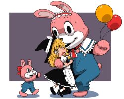  alice_margatroid animal_costume apron balloon blush commentary_request dress female hairband hat hug kirisame_marisa long_hair onikobe_rin open_mouth rabbit_costume ribbon robbie_the_rabbit shanghai_doll silent_hill_(series) touhou witch_hat yellow_eyes you_gonna_get_raped 