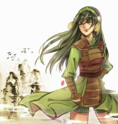  aged_up armor avatar:_the_last_airbender avatar_legends chinese_clothes commentary_request female grey_eyes hair_down hairband kellylee long_hair smile solo toph_bei_fong 