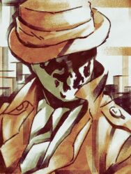  1boy 92kuni92 ascot bad_id bad_pixiv_id coat fedora hat highres inkblot looking_away male_focus mask photoshop_(medium) rorschach scarf solo trench_coat watchmen 