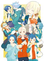  6+boys afuro_terumi aged_up blonde_hair blue_eyes blue_hair brothers brushing_teeth commentary_request fubuki_shirou gouenji_shuuya hagiko inazuma_eleven_(series) inazuma_eleven_go kageyama_hikaru kariya_masaki kidou_yuuto kishibe_taiga kiyama_hiroto long_hair male_focus multiple_boys open_mouth photoshop_(medium) purple_hair red_eyes siblings smile toothbrush tsurugi_kyousuke tsurugi_yuuichi yellow_eyes yukimura_hyouga 