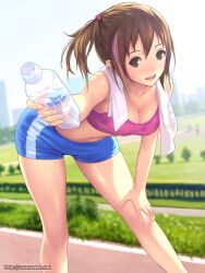  :d banned_artist bent_over bike_shorts blush bottle breasts brown_eyes brown_hair cleavage grass holding ilog mana_kakkowarai medium_breasts navel official_art open_mouth side_ponytail smile solo sports_bra sweat water_bottle watermark web_address yokoi_sakura 