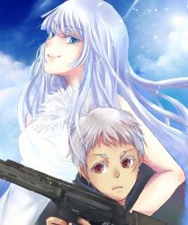  1boy bare_shoulders blue_eyes brown_eyes commentary_request female grey_hair gun johnathan_mar jormungand_(manga) koko_hekmatyar long_hair rifle s59 scar short_hair silver_hair smile upper_body weapon 