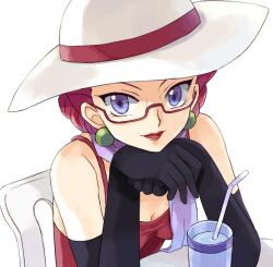  alternate_costume alternate_hairstyle bad_id bad_pixiv_id bespectacled breasts cleavage commentary_request drink earrings elbow_gloves female glasses gloves hat head_rest jessie_(pokemon) jewelry medium_breasts pokemon pokemon_(anime) purple_eyes red_hair scarf semi-rimless_eyewear simple_background sitting smile solo usao_(313131) white_background 