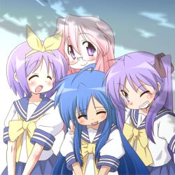  4girls bad_id bad_pixiv_id blue_eyes blue_hair bow bowtie closed_eyes glasses grin hiiragi_kagami hiiragi_tsukasa izumi_konata long_hair lucky_star mizushima_(p201112) mole mole_under_eye multiple_girls one_eye_closed purple_eyes purple_hair ryouou_school_uniform school_uniform serafuku short_hair siblings sisters smile takara_miyuki twins twintails yellow_bow yellow_bowtie 