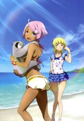  2girls :d absurdres adjusting_hair ahoge alternate_costume animal ass ass_visible_through_thighs back beach beads belt bikini bikini_top_only blonde_hair blouse blue_eyes blue_skirt blunt_bangs bow bracelet braid breasts carrying claws cloud day elena_peoples eureka_seven_(series) eureka_seven_ao fleur_blanc floral_print flower french_braid frilled_skirt frills from_side hair_ornament hairbow hairclip hand_on_own_thigh hand_up happy highres jewelry kneepits layered_skirt legs light_rays light_smile looking_at_viewer looking_back miniskirt multiple_girls noah_(eureka_seven_ao) nyantype ocean official_art open_mouth outdoors pink_hair purple_eyes raglan_sleeves rainbow sandals scan shirt short_hair short_shorts shorts skirt sky sloth_(animal) small_breasts smile sparkle standing sunbeam sunlight swept_bangs swimsuit thigh_gap water 