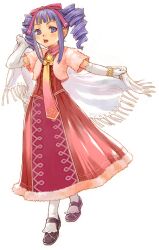  absurdres bianca_elarco_viviage blue_eyes blue_hair dress drill_hair elbow_gloves female gloves hair_ribbon highres holding iwasaki_minako ribbon rune_factory rune_factory_1 simple_background solo twin_drills twintails white_background white_gloves 