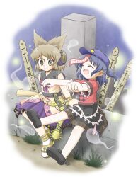  2girls ^_^ blue_hair brown_eyes brown_hair closed_eyes commentary_request earmuffs ghost grave hat hat_ornament jiangshi manaka_(pdx) miyako_yoshika multiple_girls oerba_yun_fang ofuda open_mouth outstretched_arms ritual_baton scabbard sheath sheathed short_hair sitting skirt smile sotoba star_(symbol) star_hat_ornament sword touhou toyosatomimi_no_miko weapon zombie_pose 