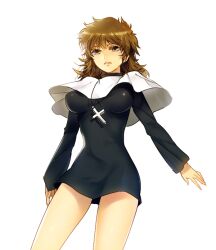  arnoul bad_id bad_pixiv_id breasts brown_eyes brown_hair capelet cross cross_necklace dress fate/zero fate_(series) female genderswap_(mtf) impossible_clothes impossible_dress jewelry kotomine_kirei medium_breasts necklace photoshop_(medium) rule_63 wavy_hair 