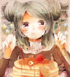  armband bad_id bad_pixiv_id beta_(inazuma_eleven) butter cake female food fork fruit green_hair hair_bun highres inazuma_eleven_(series) inazuma_eleven_go inazuma_eleven_go_chrono_stone knife long_hair mouth_hold pancake plate protocol_omega purple_eyes single_hair_bun smile strawberry sugino_(patrassyar) 