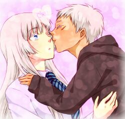  1boy bad_id bad_pixiv_id blue_eyes dark-skinned_male dark_skin female gomi_yashiki hands_on_shoulder johnathan_mar jormungand_(manga) kissing koko_hekmatyar long_hair long_sleeves necktie one_eye_closed pale_skin scar white_hair 