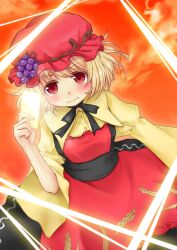  aki_minoriko bad_id bad_pixiv_id blonde_hair blush buttons dress dutch_angle female food fruit grapes hat holding looking_at_viewer photoshop_(medium) red_eyes red_hat sayo_(pixiv2776630) short_hair solo spell_card tears touhou wavy_mouth wide_sleeves 