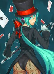  alternate_hairstyle aqua_background aqua_eyes aqua_hair ass back-seamed_legwear black_hat black_jacket brooch cane card commentary_request cowboy_shot female fishnet_pantyhose fishnets from_behind gloves hat hat_ribbon hatsune_miku headphones holding jacket jewelry leotard long_hair long_sleeves looking_back low_ponytail magician magician_(module) miracle_paint_(vocaloid) pantyhose playing_card ponytail project_diva project_diva_(series) ribbon seamed_legwear simple_background solo tailcoat top_hat vocaloid white_gloves yuuji_(and) 