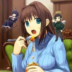  1boy 2girls aozaki_aoko black_hair blue_eyes brown_hair commentary_request eating kuonji_alice mahou_tsukai_no_yoru multiple_girls shizuki_soujuurou shouhei shoulder_angel shoulder_devil spoon sweater 