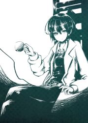  androgynous bad_id bad_pixiv_id belt belt_buckle buckle coat collared_coat collared_shirt commentary_request cup female hair_between_eyes highres holding holding_cup kaneni kino_(kino_no_tabi) kino_no_tabi long_sleeves looking_at_viewer monochrome open_clothes open_coat photoshop_(medium) reverse_trap shirt short_hair sitting solo teacup tomboy 