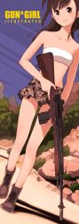  bandeau bare_shoulders battle_rifle boots brown_eyes brown_hair camouflage collarbone commentary_request dutch_angle english_text female gun head_tilt kokudou_juunigou light_smile m14 mc_axis midriff outdoors photoshop_(medium) rifle shadow solo strapless trigger_discipline tube_top walking weapon 