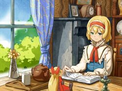  alice_margatroid blonde_hair blue_eyes book capelet commentary_request cup curtains desk doll dress female hairband hourai_doll indoors lamp open_book photo_(object) plate reading room shelf shibasaki_shouji short_hair smile solo table teapot touhou tray window 