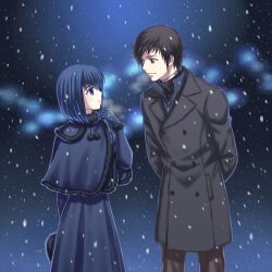  1boy black_eyes black_hair blue_eyes blue_hair breath brown_eyes brown_hair capelet commentary_request female gloves hitomi_aki kuonji_alice mahou_tsukai_no_yoru photoshop_(medium) shizuki_soujuurou short_hair snowing 