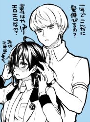  1boy age_difference alternate_hairstyle bad_id bad_pixiv_id blue_theme blush embarrassed female height_difference jacket long_hair majoccoid monochrome narukami_yuu necktie open_mouth persona persona_4 persona_x_detective school_uniform shirogane_naoto short_hair translated 