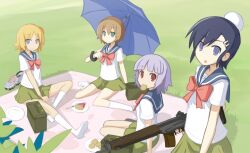  4girls aqua_eyes assault_rifle black_hair blue_eyes bow bowtie brown_hair cake commentary_request cookie fnc_(upotte!!) food grey_hair gun hair_bun hair_ornament hairclip kneehighs l85a1_(upotte!!) m16a4_(upotte!!) mouth_hold multiple_girls no_nose orange_hair picnic plate red_eyes rifle sai_(bankoru) school_uniform serafuku sg550_(upotte!!) shoes short_hair sig_sauer sig_sg550 single_hair_bun sneakers socks spoon umbrella upotte!! weapon 