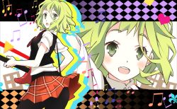  argyle_background bad_id bad_pixiv_id black_pantyhose female green_eyes green_hair guitar gumi instrument looking_at_viewer musical_note necktie nyoro_(nyoronyoro000) one_eye_closed open_mouth pantyhose photoshop_(medium) plaid school_uniform setsuna_trip_(vocaloid) short_hair skirt solo vocaloid 