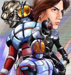  1boy belt brown_eyes brown_hair commentary_request dual_persona faiz_accel faiz_blaster inui_takumi kamen_rider kamen_rider_555 kamen_rider_faiz kamisimo_90 mask spoilers wolf_orphnoch 