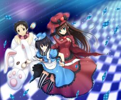  1boy 2girls 33paradox animal_costume aozaki_aoko bad_id bad_pixiv_id black_eyes black_hair blue_eyes brown_eyes brown_hair dress elbow_gloves gloves gown hat highres kuonji_alice long_hair mahou_tsukai_no_yoru multiple_girls photoshop_(medium) rabbit_costume shizuki_soujuurou short_hair striped_clothes striped_thighhighs thighhighs top_hat vertical-striped_clothes vertical-striped_thighhighs wavy_mouth 