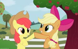  2012 accessory apple apple_bloom_(mlp) apple_tree applejack_(mlp) blonde_hair bow_(feature) bow_accessory bow_ribbon clothing cowboy_hat diegotan duo earth_pony equid equine female fence feral fist_bump food friendship_is_magic fruit fruit_tree gesture green_eyes grin hair hair_accessory hair_ribbon hairbow hasbro hat headgear headwear hi_res horse mammal my_little_pony orange_body orange_eyes plant pony red_hair ribbons shrub sibling_(lore) sister_(lore) sisters_(lore) smile tree wallpaper wood yellow_body young young_feral 